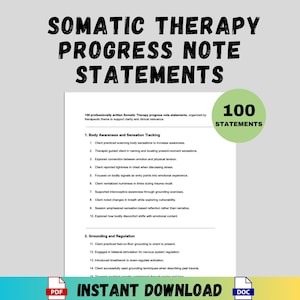 May include: A white document with the text "Somatic Therapy Progress Note Statements" and "100 Statements". The document lists statements related to body awareness, sensation tracking, grounding, and regulation. Includes PDF and DOC icons.