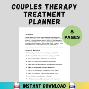 May include: A Couples Therapy Treatment Planner with the text "Couples Therapy Treatment Planner" at the top. The document includes a definition, check-in questions, and a green circle with "5 PAGES". The bottom reads "INSTANT DOWNLOAD".