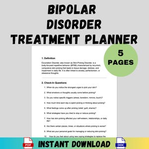 Puede incluir: Un plan de tratamiento para el trastorno bipolar. El documento incluye una definición, preguntas de control y tiene 5 páginas. Las palabras "BIPOLAR DISORDER TREATMENT PLANNER" están en la parte superior de la página. Las palabras "INSTANT DOWNLOAD" están en la parte inferior.