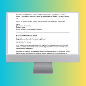 K&ouml;nnte beinhalten: Ein Computerbildschirm zeigt eine E-Mail mit einer Einwilligungserkl&auml;rung. Der Betreff der E-Mail lautet "Einwilligungserkl&auml;rungen f&uuml;r Ihre kommende Sitzung". Der E-Mail-Text erkl&auml;rt, dass die notwendigen Einwilligungserkl&auml;rungen beigef&uuml;gt sind und betont die Wichtigkeit, diese vor der ersten Sitzung zu lesen.