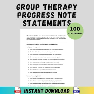 Pode incluir: Um documento digital para download intitulado "GROUP THERAPY PROGRESS NOTE STATEMENTS" com o texto "100 STATEMENTS" em um círculo verde. O documento inclui uma lista de 100 declarações de notas de progresso de terapia em grupo escritas profissionalmente.