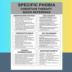 May include: A white and blue quick reference guide for Christian therapy for specific phobias. The guide includes sections on understanding the issue, core concepts, therapeutic goals, key techniques, clinical considerations, and scripture prompts.