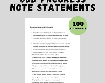 Notas de progreso del TND (PDF) Notas de terapia para el trastorno negativista desafiante Herramienta de asesoramiento conductual Salud mental Descarga imprimible