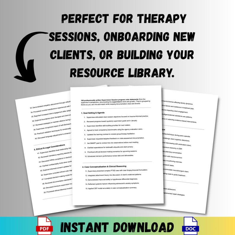 May include: Three white pages with text, including "PERFECT FOR THERAPY SESSIONS, ONBOARDING NEW CLIENTS, OR BUILDING YOUR RESOURCE LIBRARY." The pages have lists and headings. The bottom of the image says "INSTANT DOWNLOAD" with PDF and DOC icons.