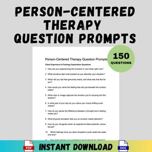 Puede incluir: Un documento blanco con el título "Person-Centered Therapy Question Prompts" y una lista de preguntas. Un círculo verde muestra "150 Questions". Las palabras "Instant Download" están en la parte inferior.