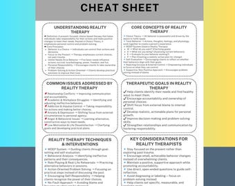 May include: A white and blue Reality Therapy Cheat Sheet with text outlining key concepts, techniques, and goals. The sheet is designed for therapists and clients, offering guidance on understanding and applying Reality Therapy principles.