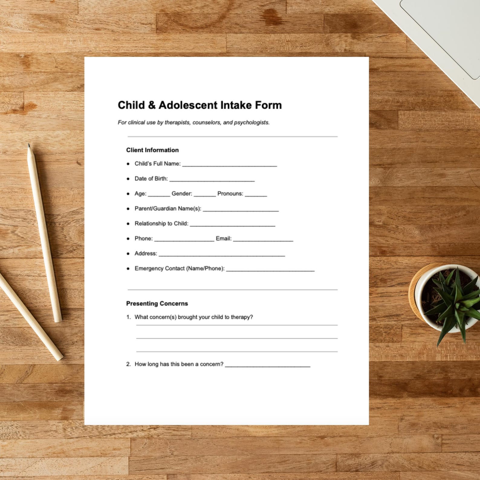 Child Adolescent Intake Form Therapist Tool Counseling Forms Pediatric ...