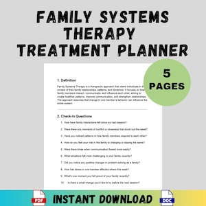 Può includere: Un pianificatore di trattamento digitale per la terapia dei sistemi familiari. Il documento include una definizione, domande di controllo e un cerchio verde con il testo "5 PAGES". La parte inferiore dell'immagine dice "DOWNLOAD IMMEDIATO".
