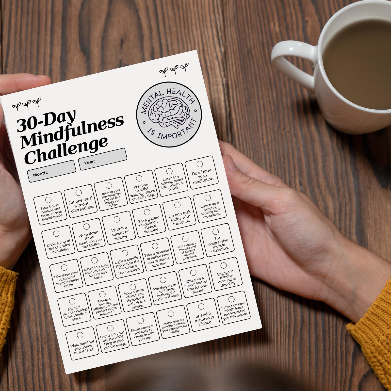 30 Day Mindfulness Challenge Printable Client Handout Mental Health ...