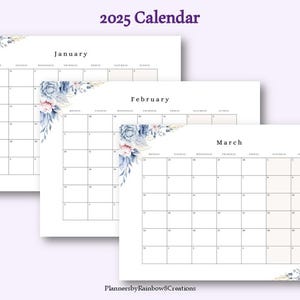 2025 calendar, printable calendar, floral calendar, desk calendar, office calendar, aesthetic calendar, landscape calendar, PDF calendar
