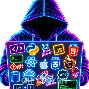 May include: A hooded figure in a dark blue neon-outlined hoodie holding a laptop covered in glowing stickers. The stickers feature programming logos, a rocket, a coffee cup, and text including Think Code Build Repeat, HTML 5, and Ctrl + S.