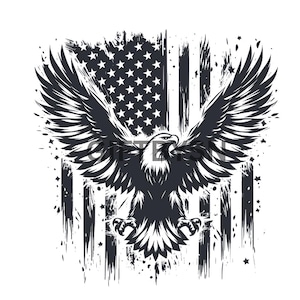 Puede incluir: Una ilustración gráfica en blanco y negro de un águila calva con las alas extendidas, situada frente a un diseño de bandera estadounidense desgastada con estrellas y rayas verticales. La palabra GIFTESN es visible en el pecho del águila.