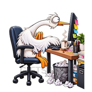 Puede incluir: Una ilustración de dibujos animados de un pájaro blanco con patas naranjas sentado en una silla de oficina negra frente a un escritorio, mirando intensamente un monitor. El escritorio tiene una taza de café derramada, un portalápices y una papelera.
