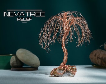 Handcrafted Copper Wire Willow Tree Sculpture, Natural Stone Base Centerpiece