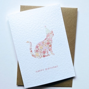Carte d'anniversaire chat, carte chat pour fille, carte d'anniversaire à imprimé Liberty, carte de joyeux anniversaire florale, format A6, intérieur vierge, enveloppe incluse