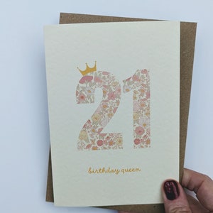 Carte de 21e anniversaire pour fille, carte d'anniversaire florale Liberty, carte d'anniversaire pour femme, A6, vierge à l'intérieur, enveloppe incluse