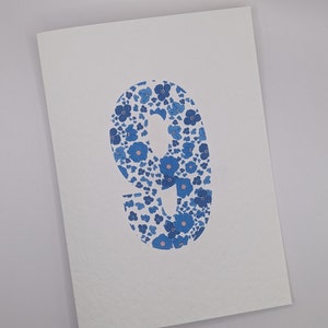Carte de neuvième anniversaire pour garçons, 9e anniversaire, carte d'anniversaire bleue pour fils, carte d'anniversaire floral Liberty de 9 ans, carte bleue pour fille