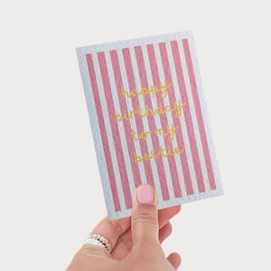 Carte de joyeux anniversaire Bestie, carte d'anniversaire rose à rayures, carte rose et jaune, carte d'anniversaire Bestie, carte d'anniversaire meilleur ami, carte à rayures rose
