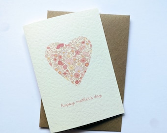 Floral Heart Mother's Day Card, Liberty Print Card, Botanical Mother's Day Card for Wife, Heart Card for Mum,A6, Blank Inside, with Envelope