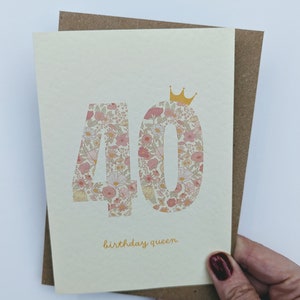 Carte d'anniversaire 40e anniversaire pour femme, carte d'anniversaire florale Liberty, carte d'anniversaire pour femme, A6, intérieur vierge, enveloppe incluse