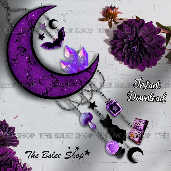 Gothic Moon Dream Catcher, Purple Moon Dream Catcher, Printable Witchy Home Decor, Black Cat Dream Catcher, Cute Halloween Decor, Spooky