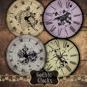 Gothic Horror Clocks, Printable Clock Tags, Gothic Scrapbooking, Horror Junk Journal, Ephemera, Floral Clocks, Skulls, Spooky, Halloween