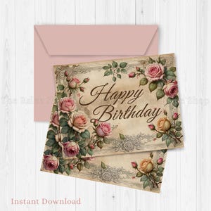 Vintage Geburtstagskarte mit Blumenmuster, druckbare Grußkarte, Geburtstagsgeschenk für Sie, Shabby Chic Tags, rosa Rosen Geburtstagskarte, Geschenkumschlag