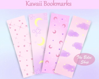 Segnalibri Kawaii stampabili, segnalibri carini, cancelleria Kawaii carina, segnalibri Kawaii Moon, segnalibri rosa, segnalibri viola, tag Kawaii