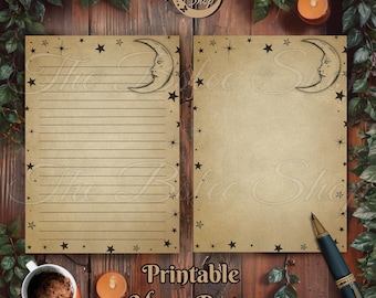 May include: Two printable moon pages with a vintage aesthetic. The pages are tan with a crescent moon and star design. One page is lined, and the other is blank. The text "Printable Moon Pages" is at the bottom. A pen, a cup of coffee, and a candle are also visible.