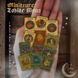 May include: A selection of miniature zodiac sign cards with vintage illustrations and text. Each card displays a different astrological sign, including Aries, Taurus, Gemini, Cancer, Leo, Virgo, Libra, Scorpio, Sagittarius, Capricorn, Aquarius, and Pisces.