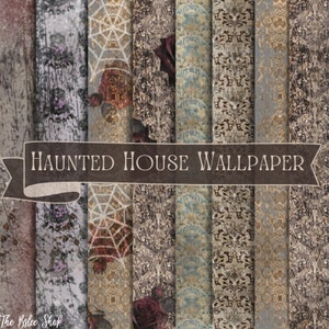 Puppenhauspapier, Spukhaus-Tapete, Halloween-Digitalpapier, Damastpapier, Grunge-Papier zum Basteln, Shabby, gruseliges dunkles Papier