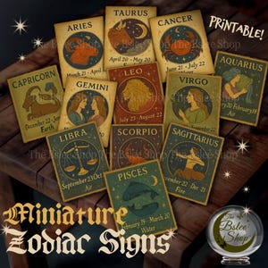 Miniature Zodiac Signs Ephemera, Printable Mini Witch&#39;s Oracle Decor, Tiny Astrological Study For Dollhouse, Miniature Book Pages Mystical
