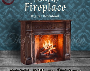 Chimenea de casa de muñecas imprimible, repisa de chimenea en miniatura realista (descarga digital)
