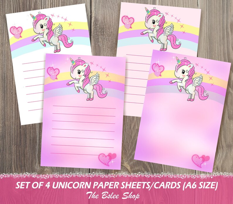printable unicorn paper sheetscards unicorn lined pages etsy
