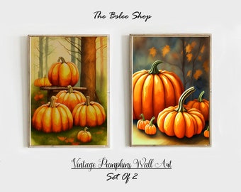 2 Vintage Pumpkin Wall Art, Halloween Wall Art, Autumn Decor, Watercolor Pumpkins Wall Art, Halloween Home Decor