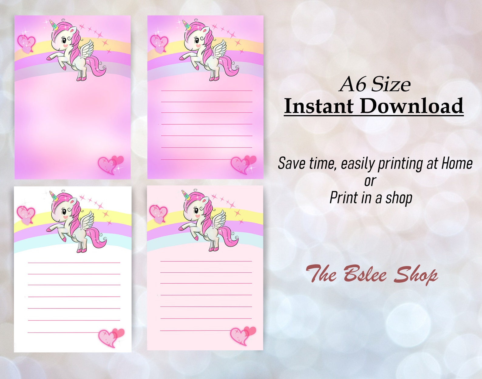 printable unicorn paper sheetscards unicorn lined pages etsy