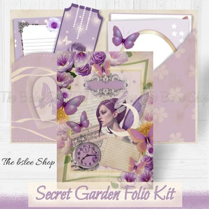 Kit folio jardin violet, folio féerique, chemise jardin secret, album de scrapbooking floral violet, collage féerique, papier shabby chic, jardin enchanté