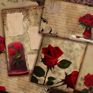 Tarjetas vintage de rosas rojas, papel grunge floral, etiquetas florales para scrapbooking, cartas antiguas, diario botánico, diario de rosas
