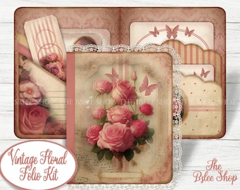 Kit per cartelle floreali vintage, cartelle rosa shabby, scrapbooking con rose vintage, cartella stampabile fai da te, kit per effimeri, carta da lettere vittoriana