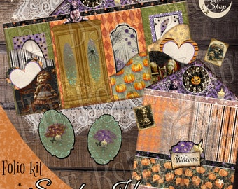 May include: A Halloween-themed folio kit with a spooky house design. The kit features various paper elements with illustrations of pumpkins, dolls, and spiderwebs. The text "Folio Kit Spooky House" is visible.