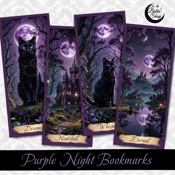 Mystic Purple Bookmarks, Black Cat Bookmarks, Nightfall, Gothic Whimsical Tags, Moon Scrapbooking, Dark Fantasy Art, Halloween Cards