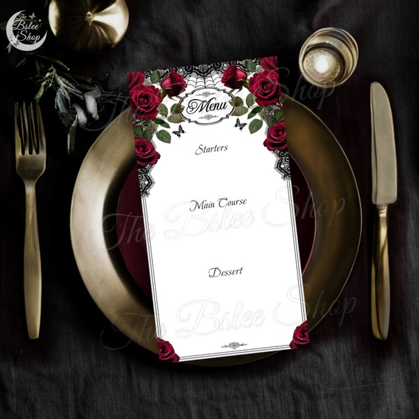 Luxury Gothic Menu, Floral Dinner Menu, Birthday Tableware Decor, Wedding Menu, Halloween Party Printable, Vampire Dinner, Red Rose Menu