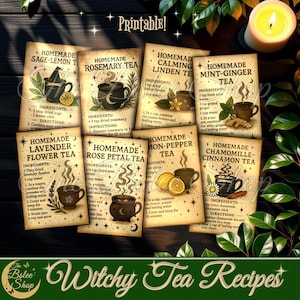 Receitas de chá de bruxa, diário de receitas, itens de bruxa para imprimir, receitas de chá caseiras, chá de ervas, cartões de scrapbook Cottagecore
