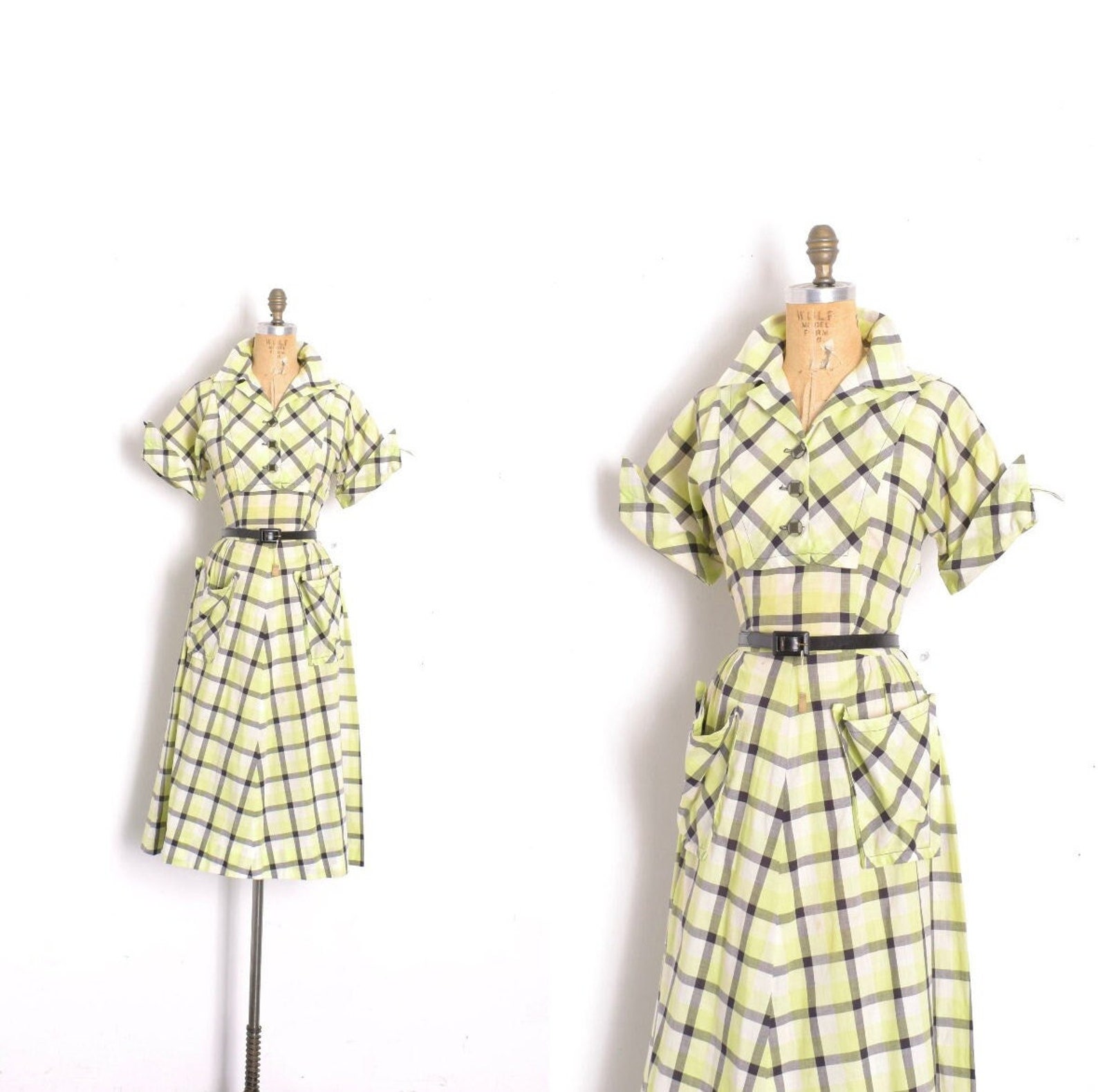 Vintage Stand Collar Plaid Cotton Dress