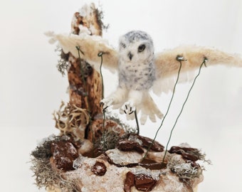 Needle felted snow owl automata, mechanical automaton, kinetic Sculpture