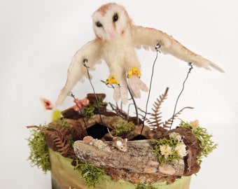 Needle felted barn owl automata, Capturing the Hunt, mechanical automaton, kinetic Sculpture