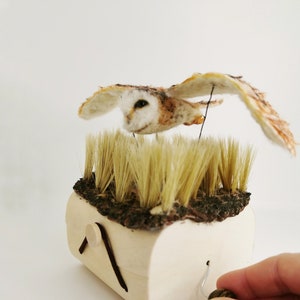 Needle felted barn owl automata, mechanical automaton, kinetic Sculpture