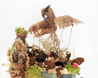 Needle felted Great Horned owl automata and two moving, hungry chicks, mechanical automaton, kinetic Sculpture