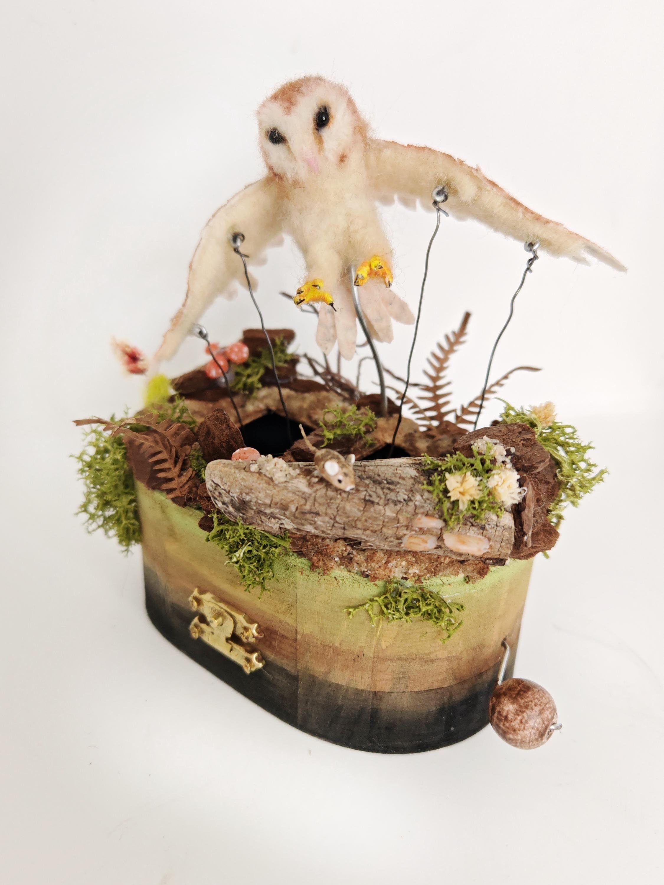 Needle felted barn owl automata, Capturing the Hunt, mechanical automaton, kinetic Sculpture