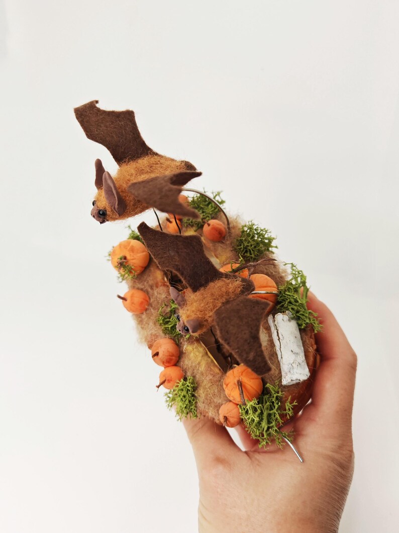 Two Little Bats Flying Over a Pumpkin Patch Automata, Mechanical ...